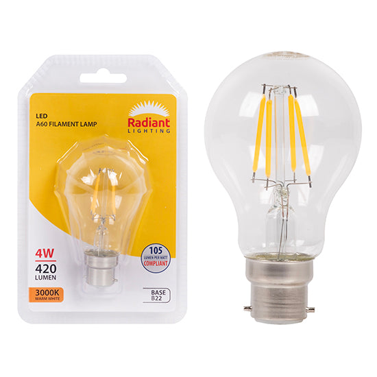 Radiant A60 Filament Clear 4W LED Bulb – B22 Bayonet, 3000K Warm White