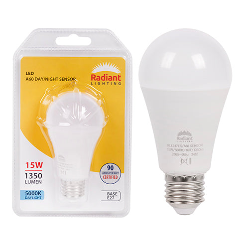 Radiant A60 Day/Night Sensor 15W LED Bulb – E27 Screw, 5000K Daylight