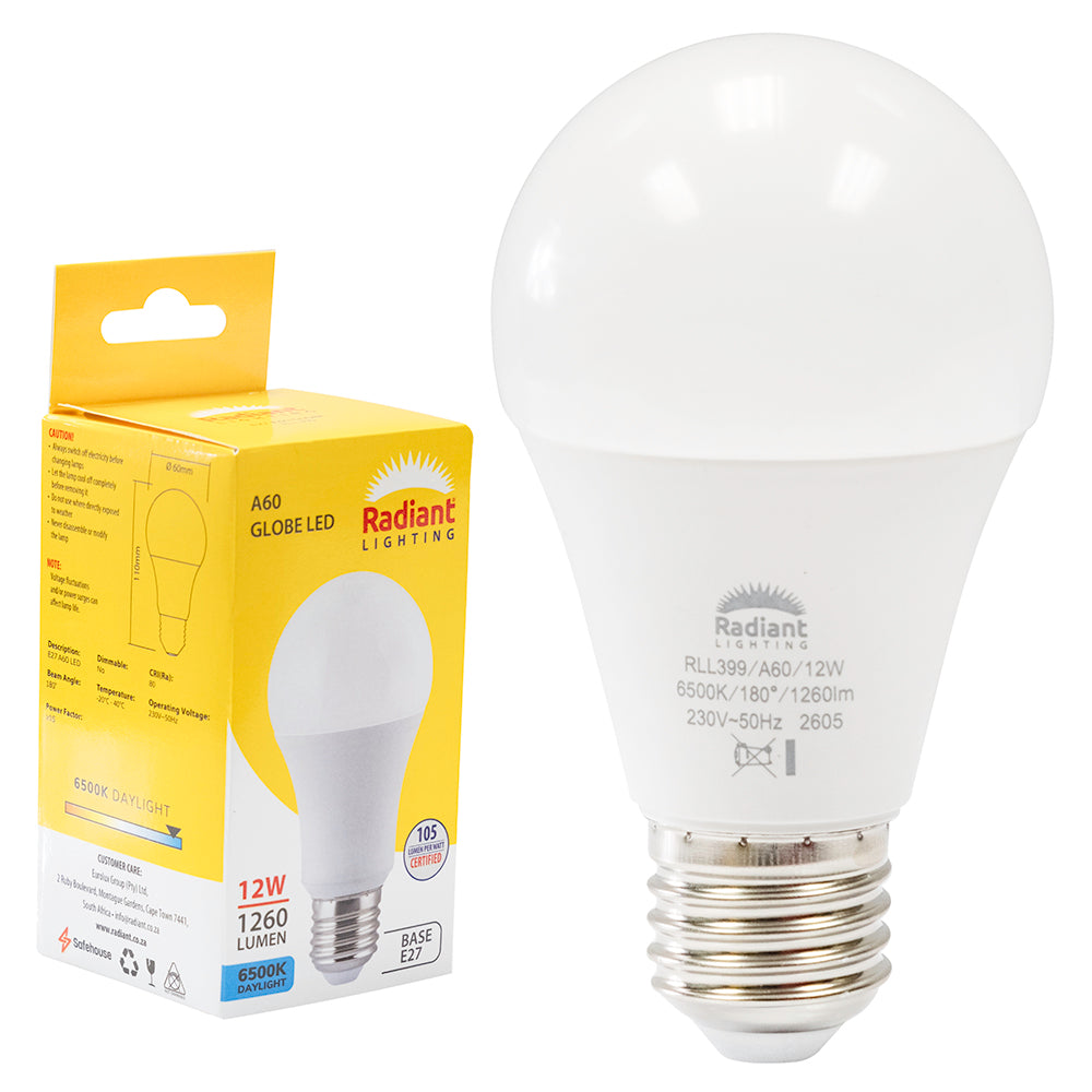Radiant A60 12W LED Bulb – E27 Screw, 6500K Cool Daylight