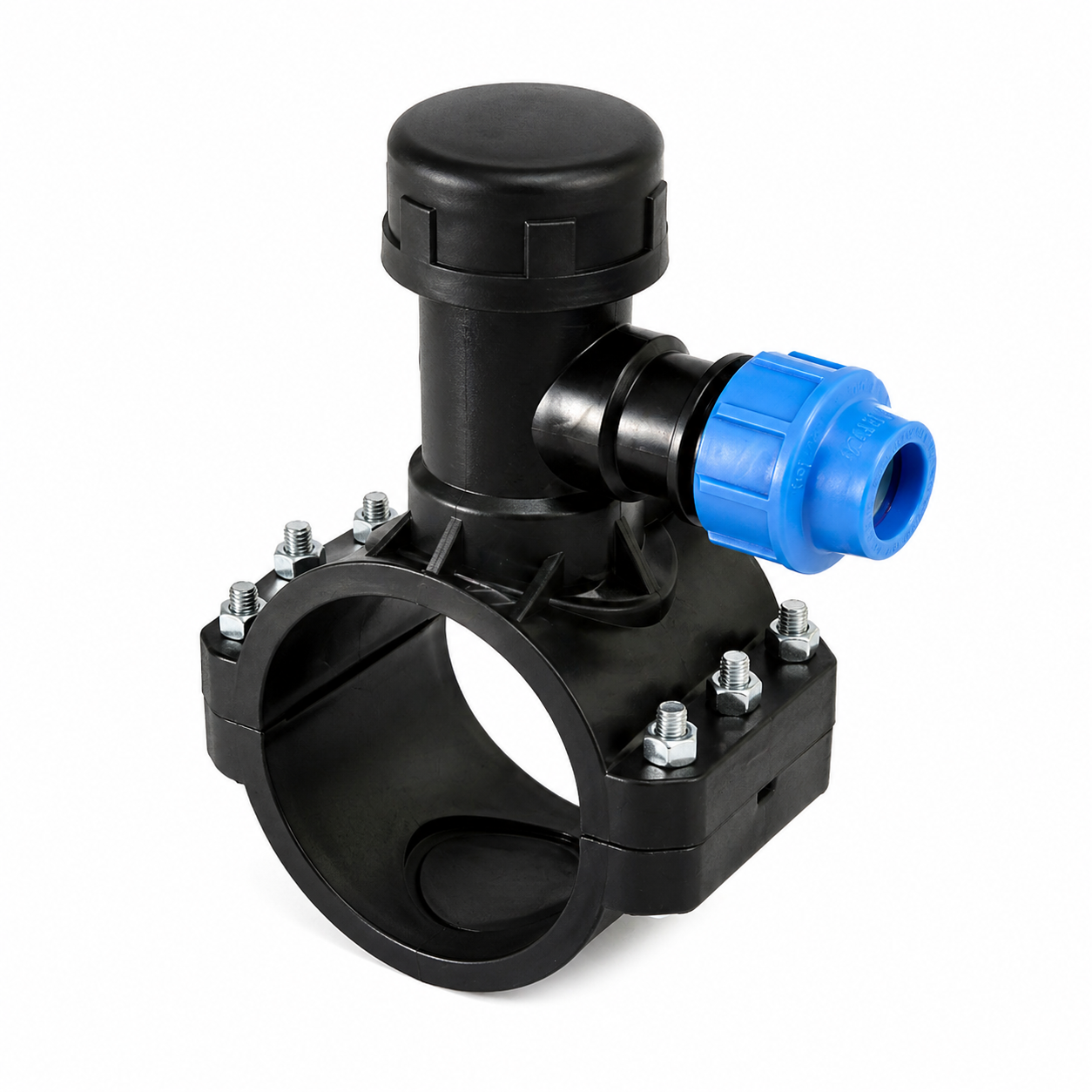 Unidelta Compression Tapping Saddle PN16 6 Bolt | Live-Tapping PE Pipe Saddle in Unidelta blue and black compression fitting range for PE pipe systems | Zisabo South Africa