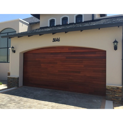 Horizontal timber sectional garage door with contemporary horizontal panel design, natural wood finish, available for single and double garage door openings.