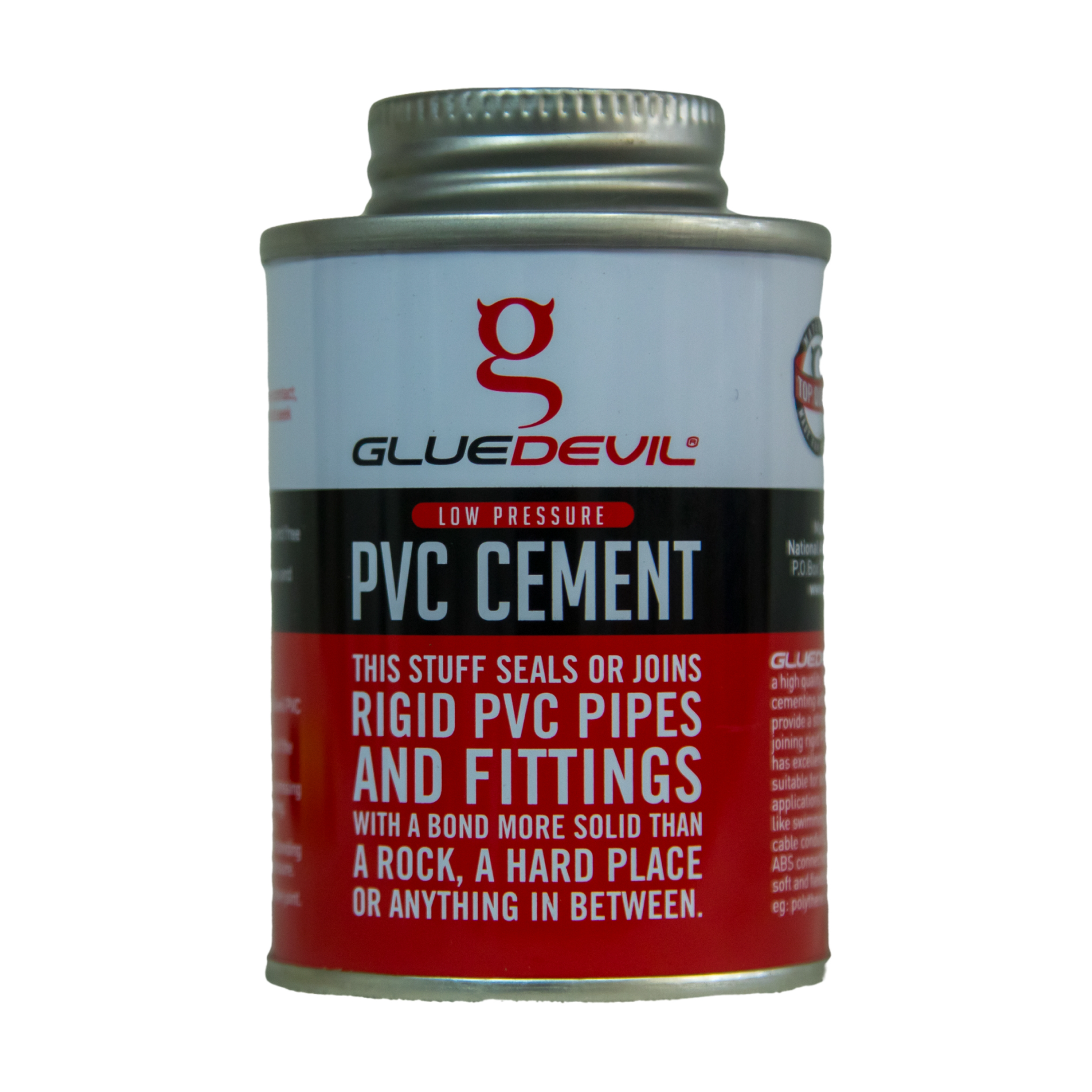 Glue Devil low-pressure PVC cement for secure and durable bonding in plumbing installations.