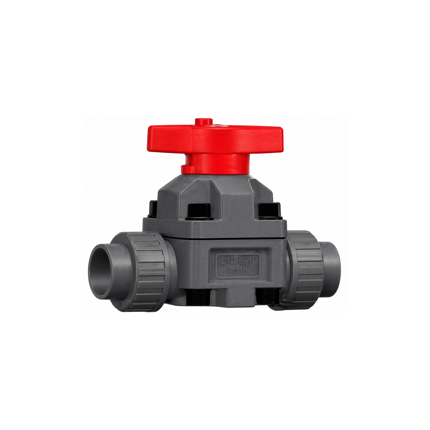 Double union diaphragm valve with plain socket ends and EPDM seals