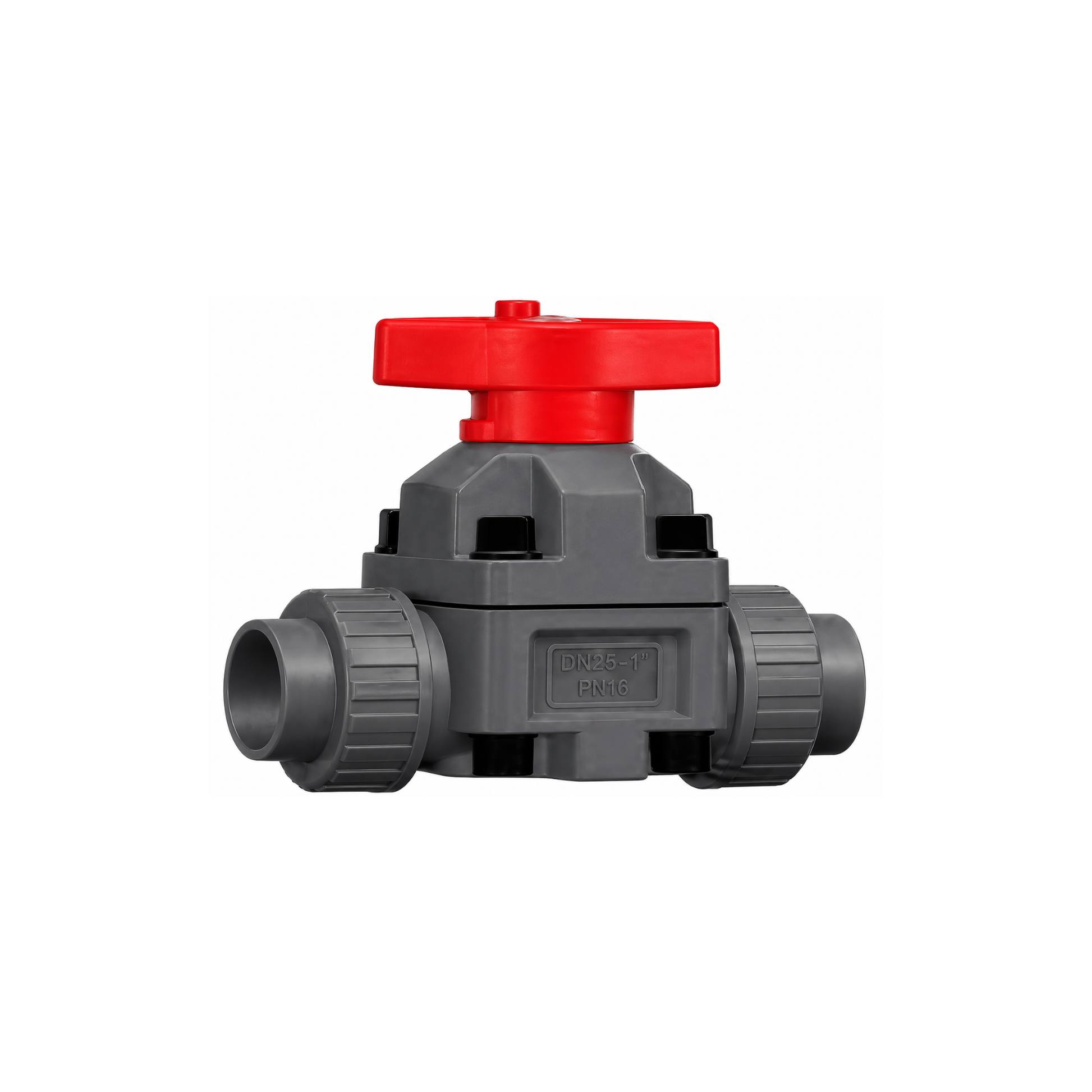 Double union diaphragm valve with plain socket ends and EPDM seals