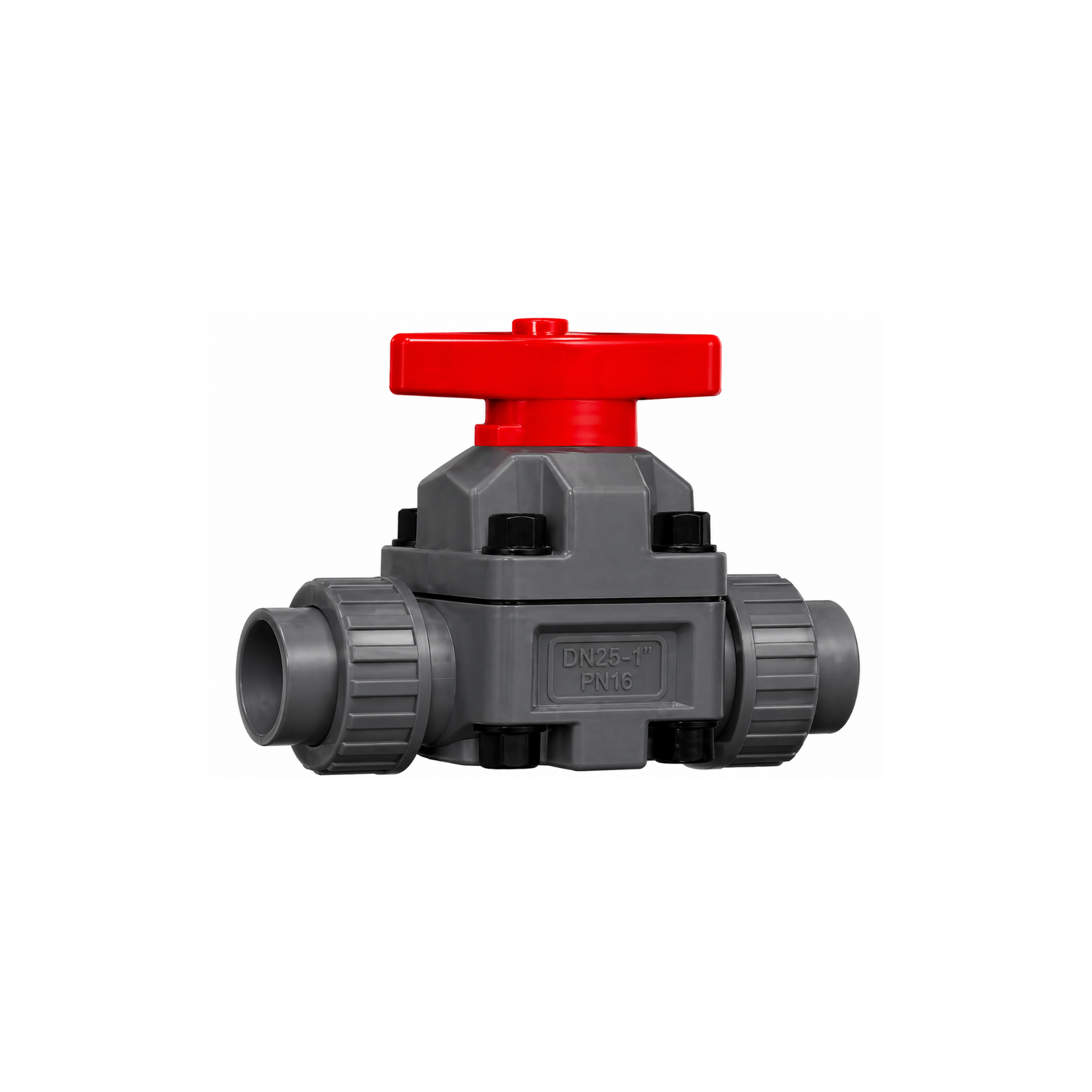 Double union diaphragm valve with threaded socket ends and EPDM seals